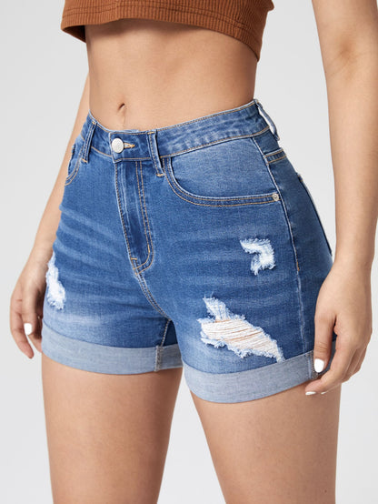 Ripped Roll Up Hem Denim Shorts