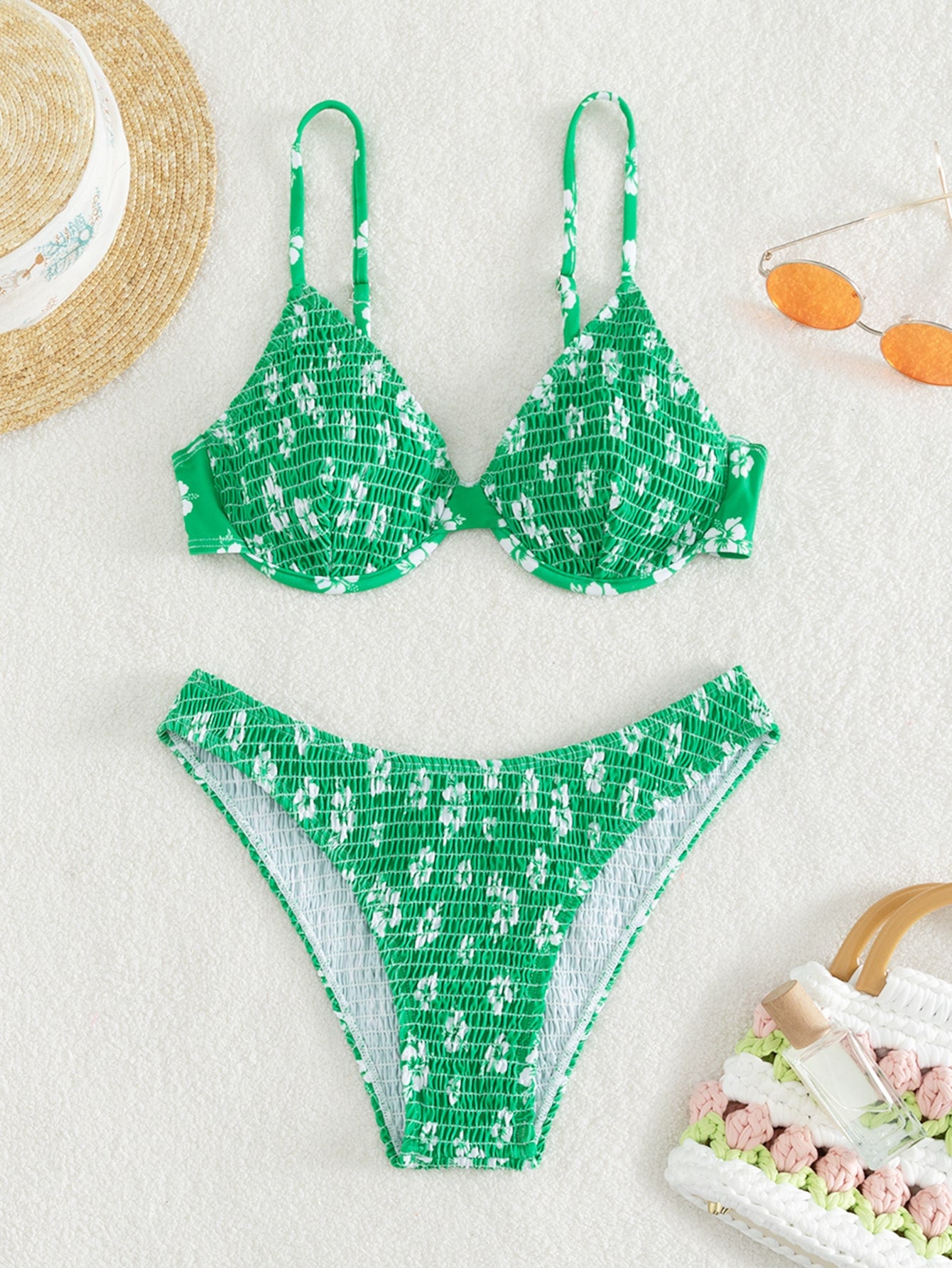 Floral Smocked Underwire Bikini Swimsuit