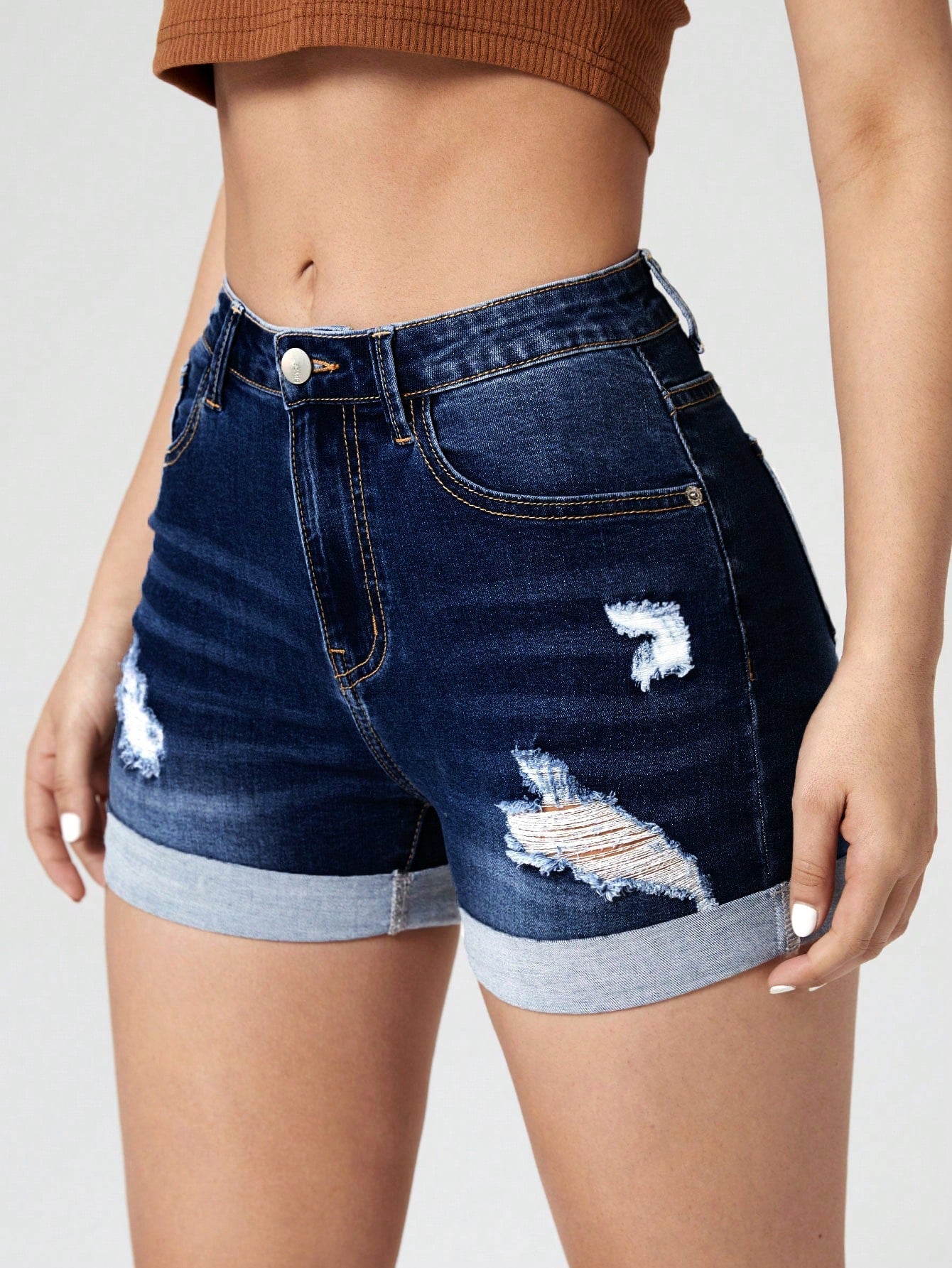 Ripped Roll Up Hem Denim Shorts