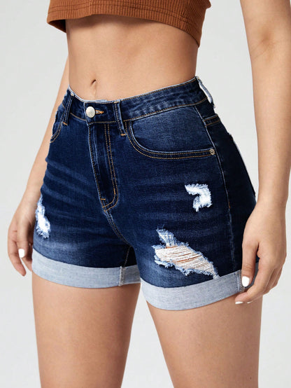 Ripped Roll Up Hem Denim Shorts