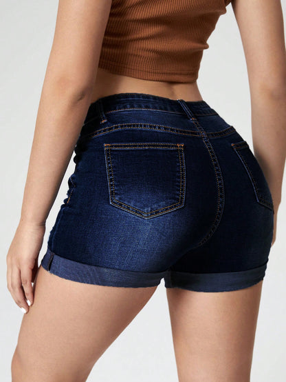 Ripped Roll Up Hem Denim Shorts