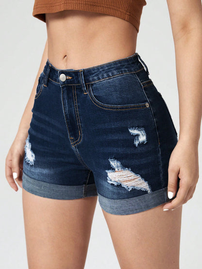 Ripped Roll Up Hem Denim Shorts