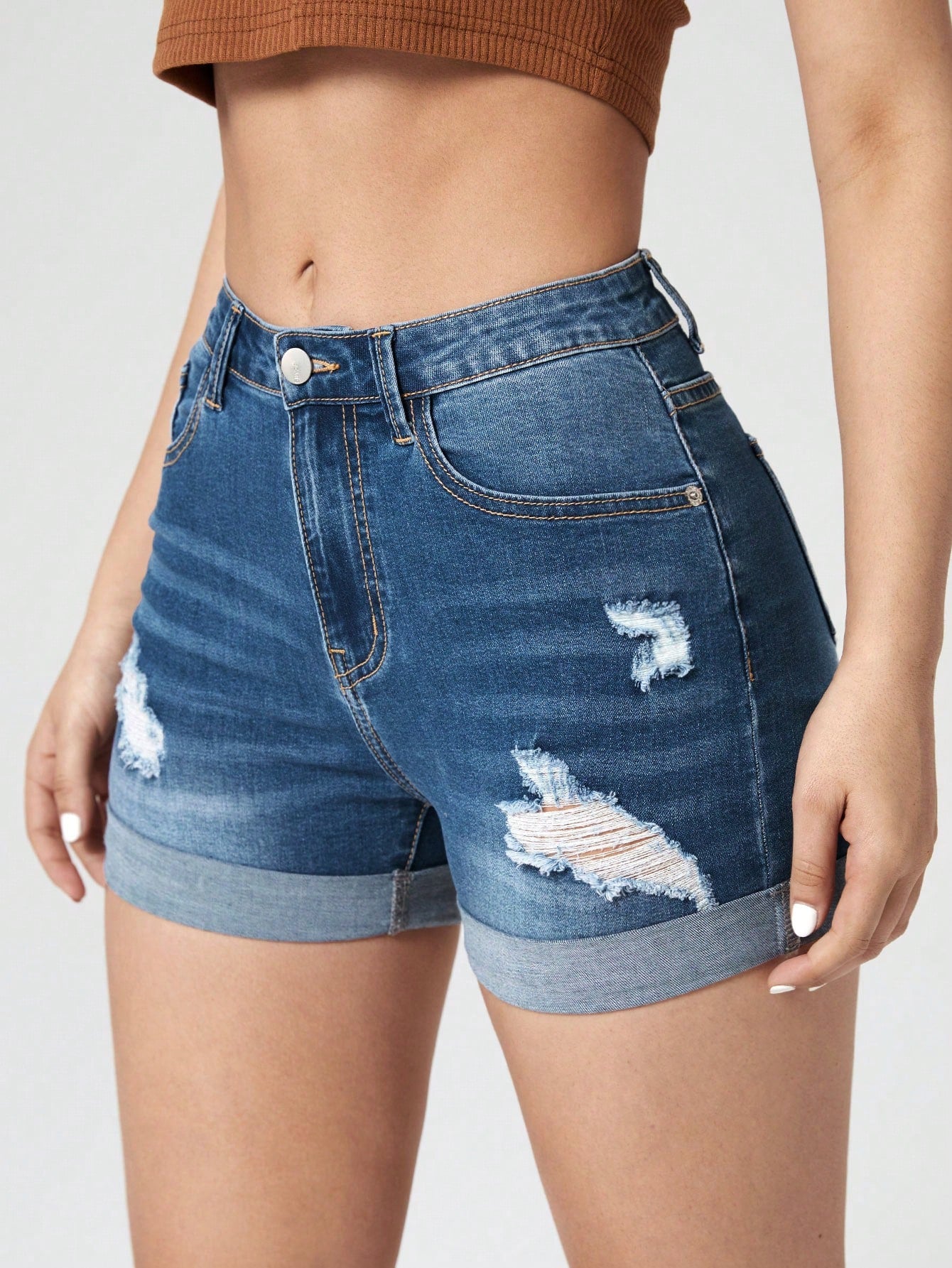 Ripped Roll Up Hem Denim Shorts