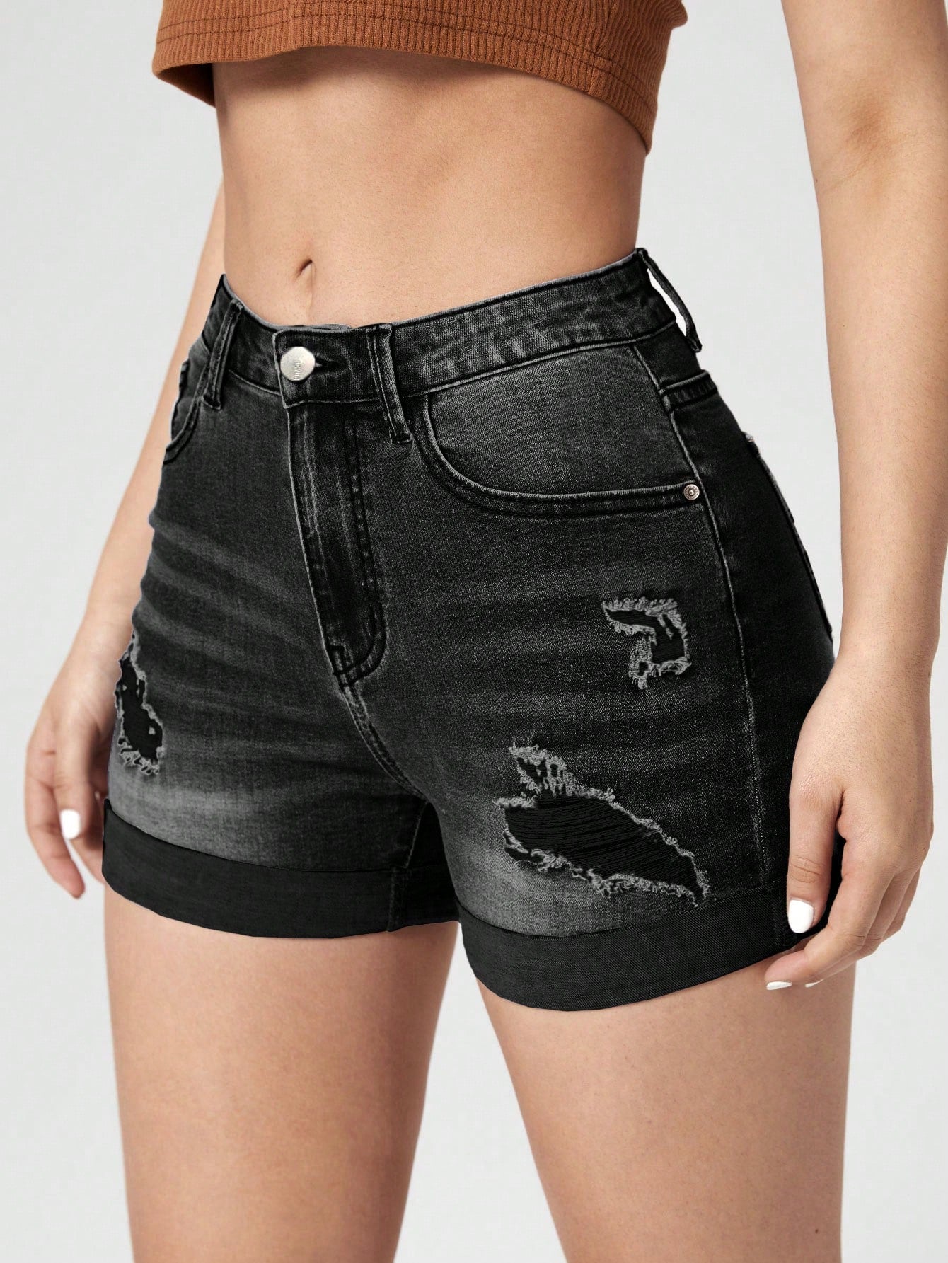 Ripped Roll Up Hem Denim Shorts