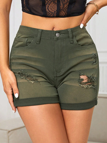 Ripped Roll Up Hem Denim Shorts