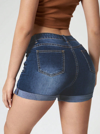 Ripped Roll Up Hem Denim Shorts