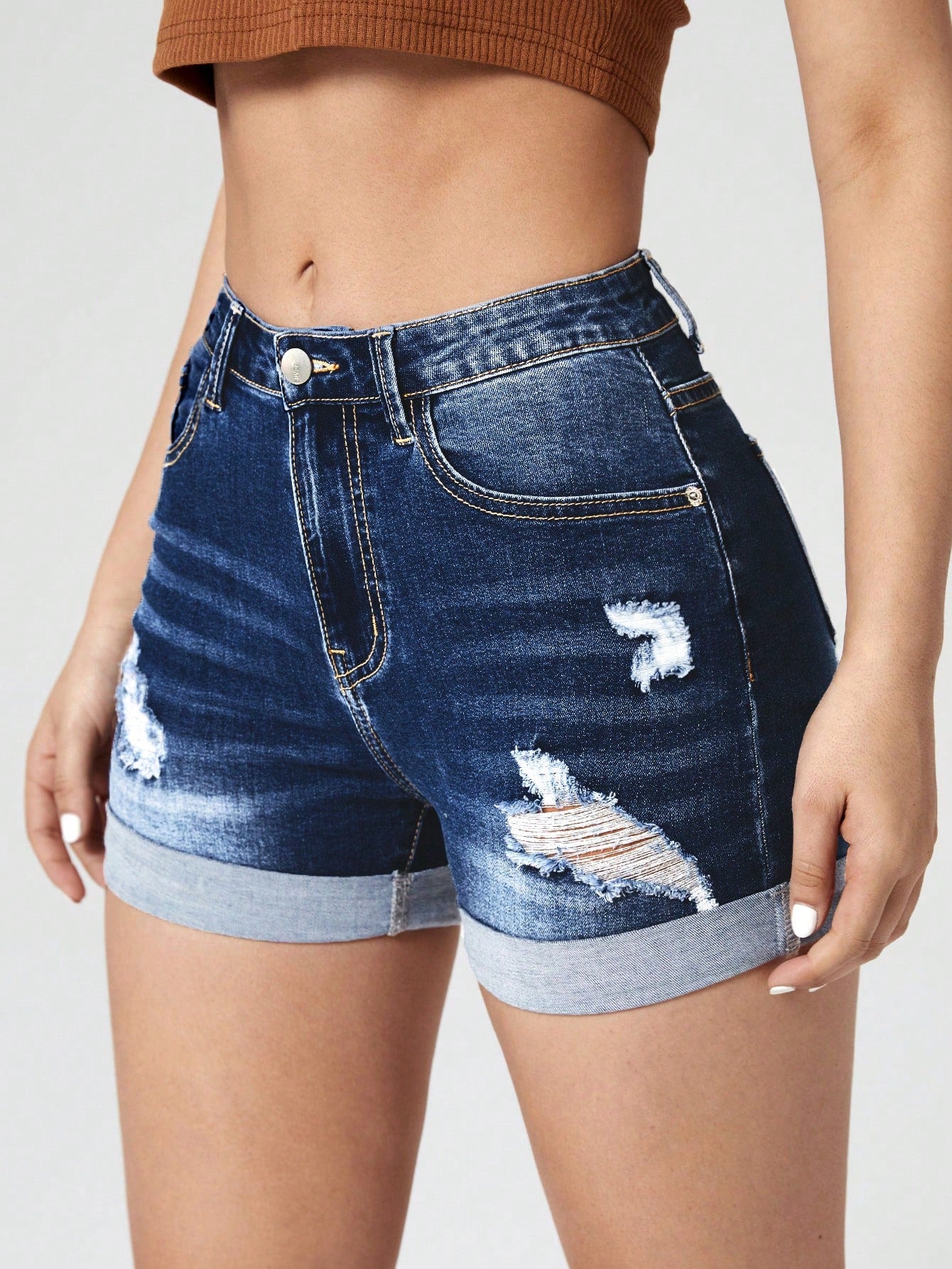 Ripped Roll Up Hem Denim Shorts