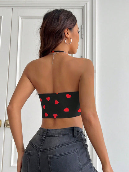 Black Love Heart Knitted Halter Top