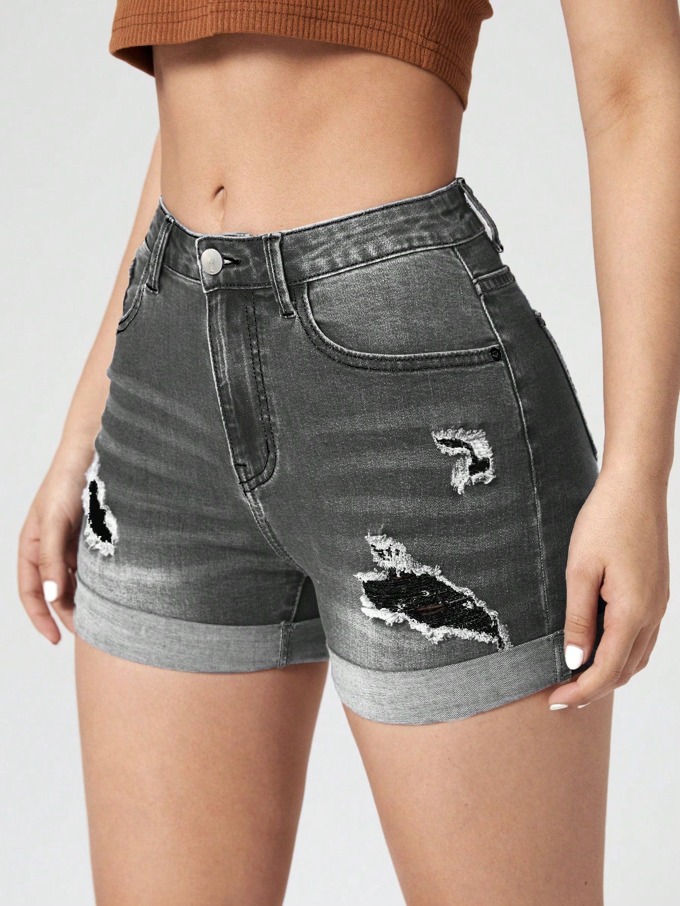 Ripped Roll Up Hem Denim Shorts