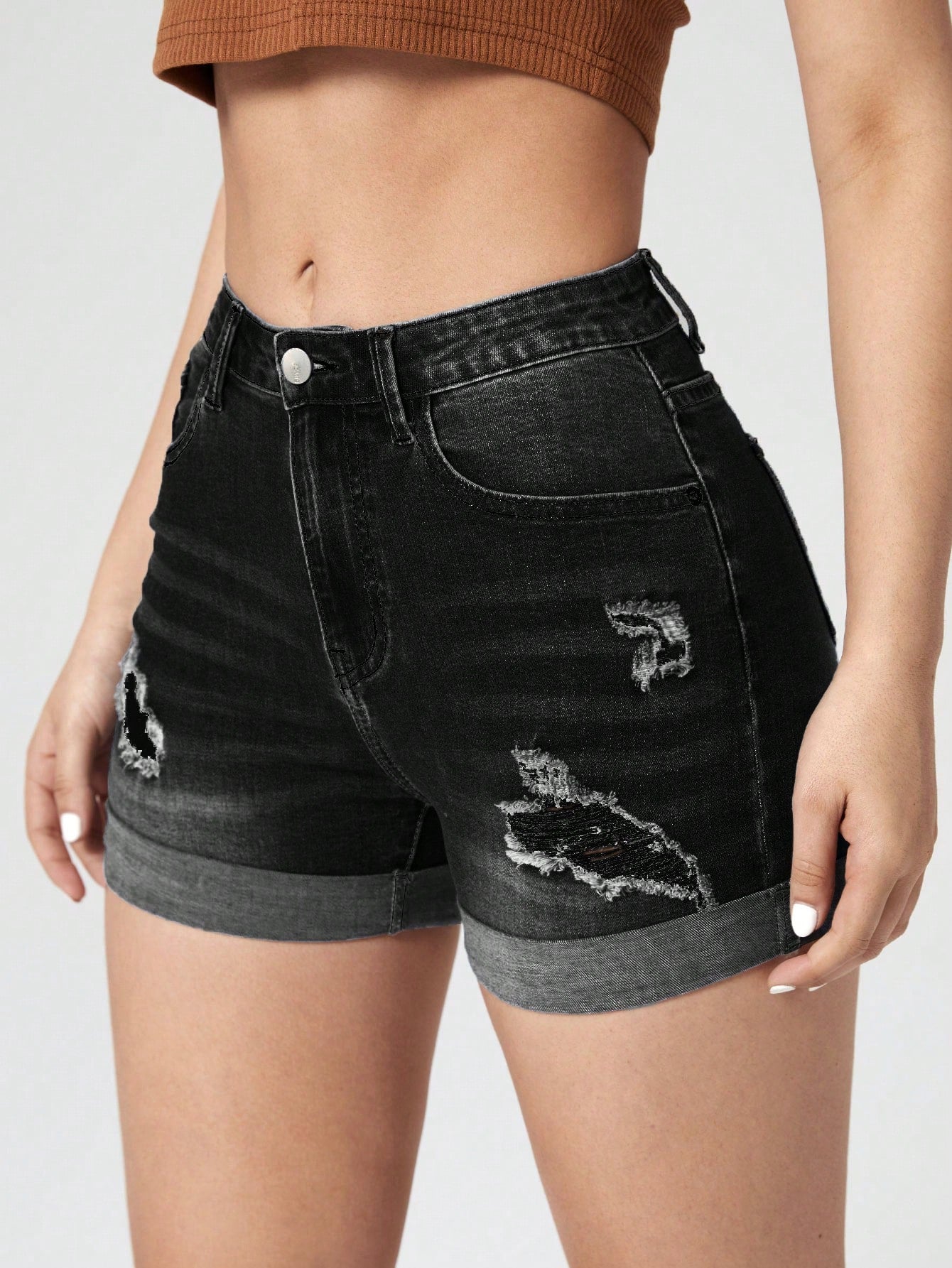 Ripped Roll Up Hem Denim Shorts