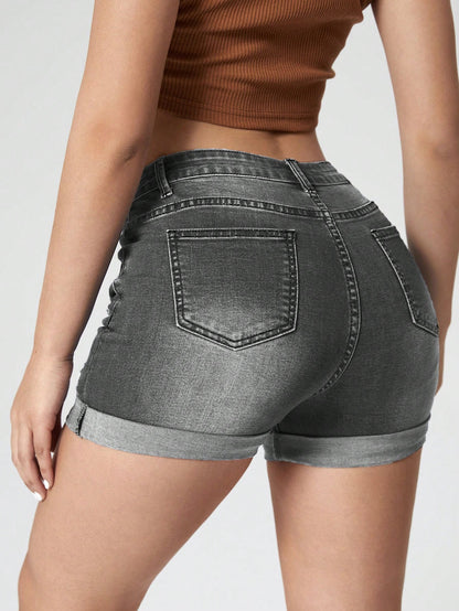 Ripped Roll Up Hem Denim Shorts