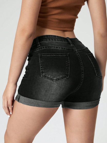 Ripped Roll Up Hem Denim Shorts