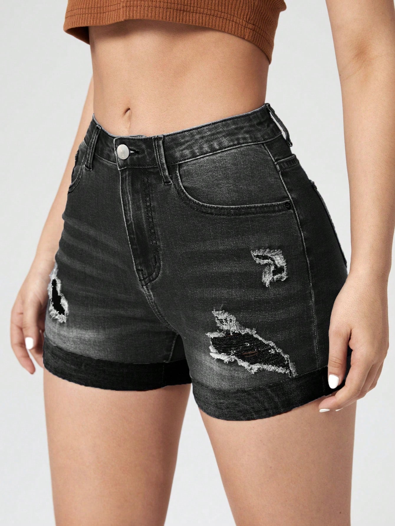 Ripped Roll Up Hem Denim Shorts